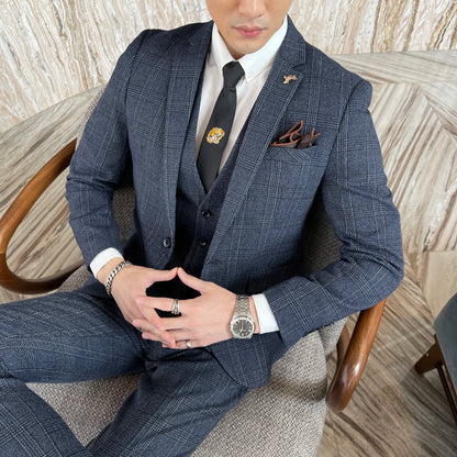 British Korean Style High Quality Modified Plaid Three-Piece Suit for Men - Stylish Business Casual Suit Vest And Trousers Set