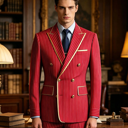 Men's Pinstripe Blazer Double Breasted Slim Fit Peaked Lapel With Gold Trim Formal Suit Jacket  For Groomsman Wedding Prom Hot