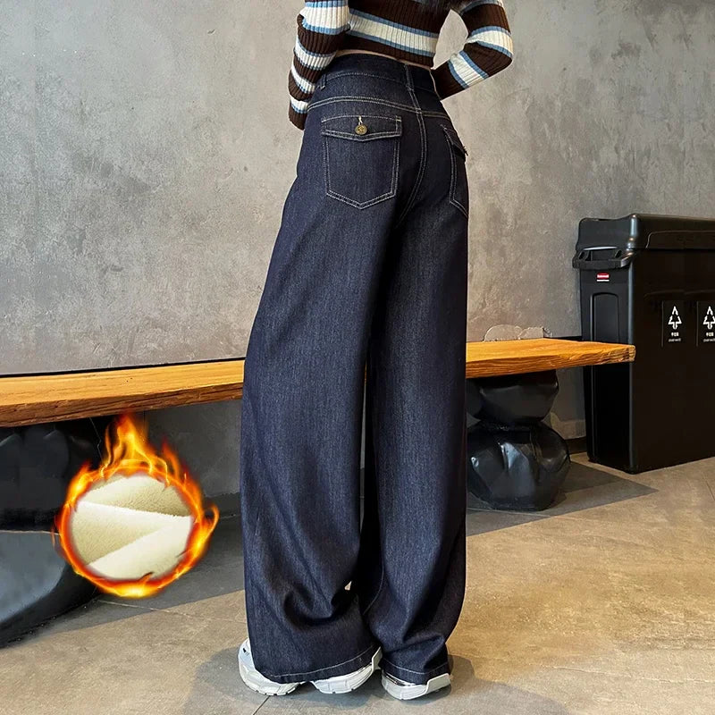 Wide Legs Fleece Jeans Women Winter Loose Velvet Casual Pants Comfortable Warm Straight Fashion Pocket Plush Denim Trousers
