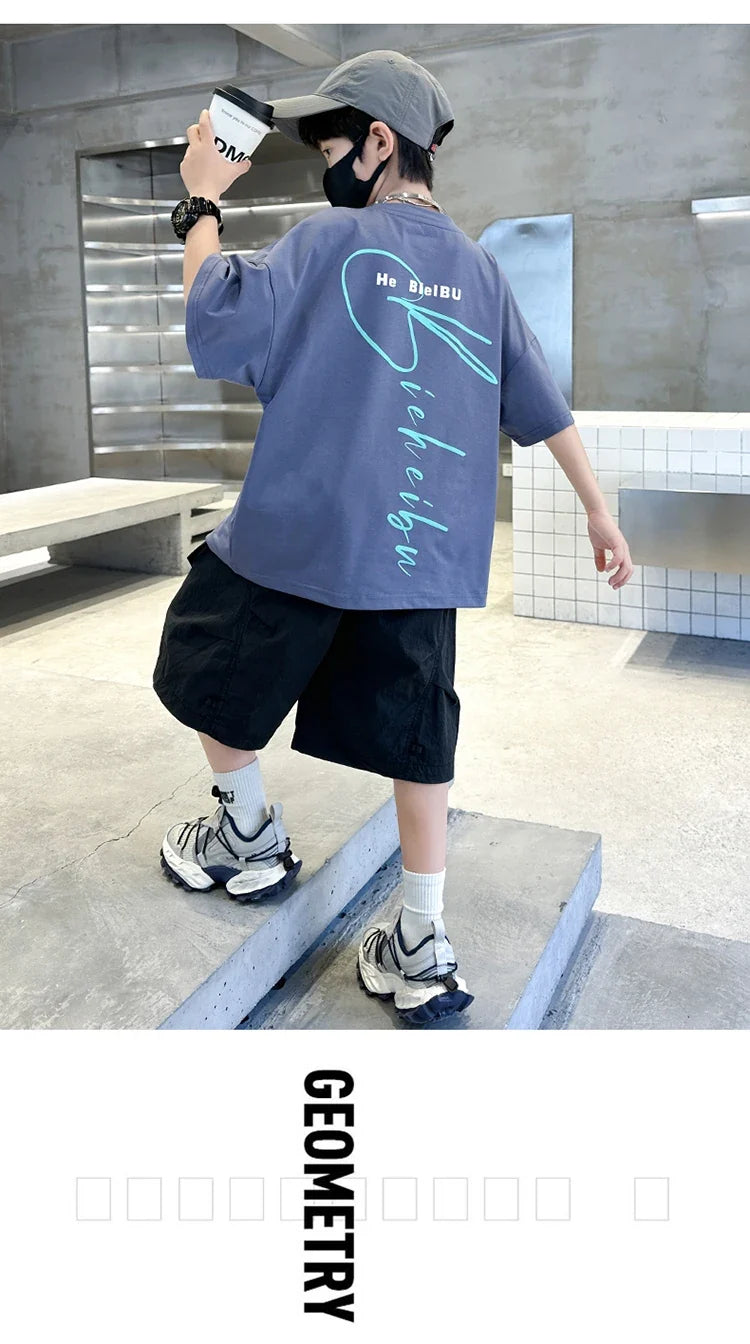 New Casual Boys Top and Bottom Clothes Set Summer Suit for Tween Children Clothing Kids Teenager Shorts Sleeve Tshirt Shorts Set