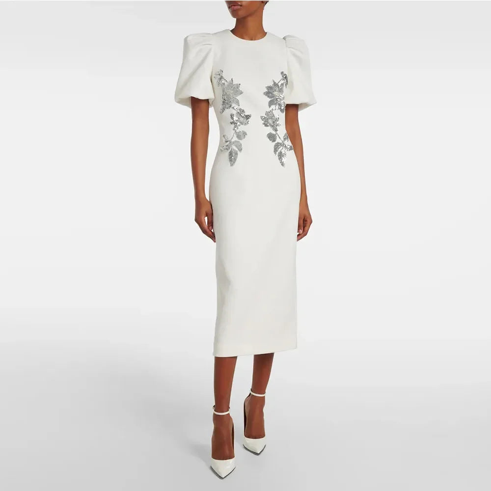 Fashion Ivory Evening Gown For Women Sheath Formal Party Dress Tea Length Short Sleeves Prom Dress Sequin Appliques Saudi Dress