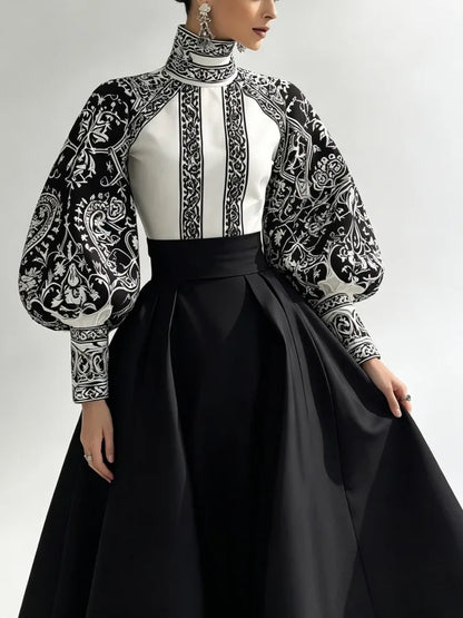 Modigirl Vintage Court Style Black and White Floral Print Blouse Women 2026 Spring Summer High Neck Puff Sleeve Elegant Shirt