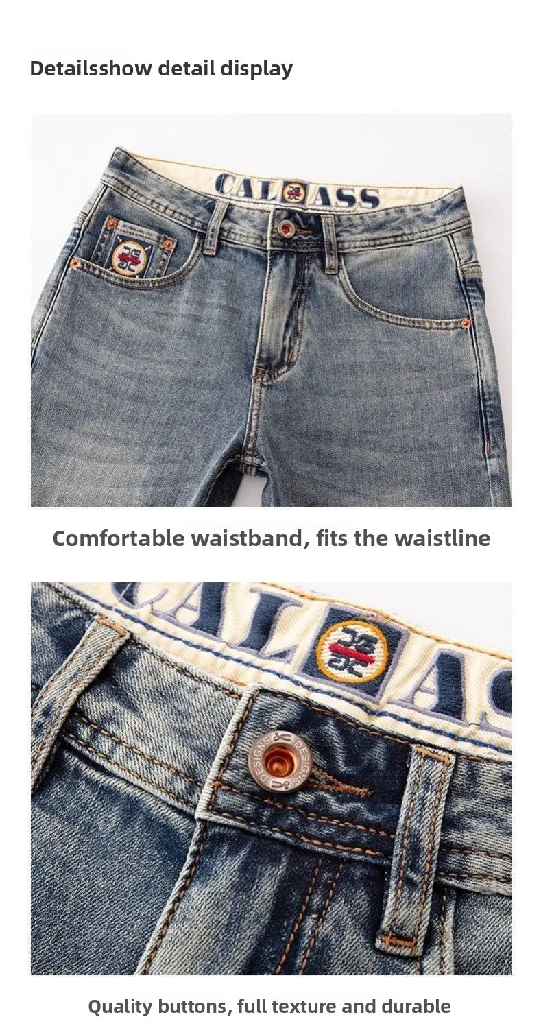 New Washed Light Blue Polished Cargo Jeans Men's Summer American Trendy Brand Small Straight Retro Casual Youth Trousers