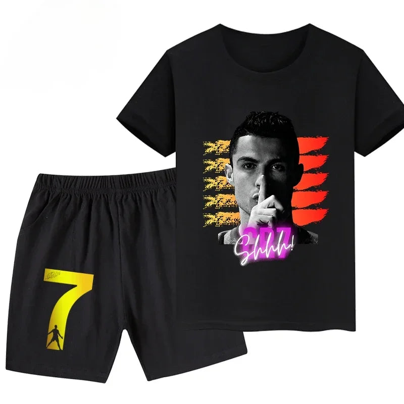 Summer Ronaldo Printed Children's Set Short-sleeved Shorts Suit Sports Kid T-shirt 2-piece Set Street Fashion Boys Baby Clothing
