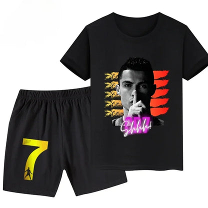 Summer Ronaldo Printed Children's Set Short-sleeved Shorts Suit Sports Kid T-shirt 2-piece Set Street Fashion Boys Baby Clothing