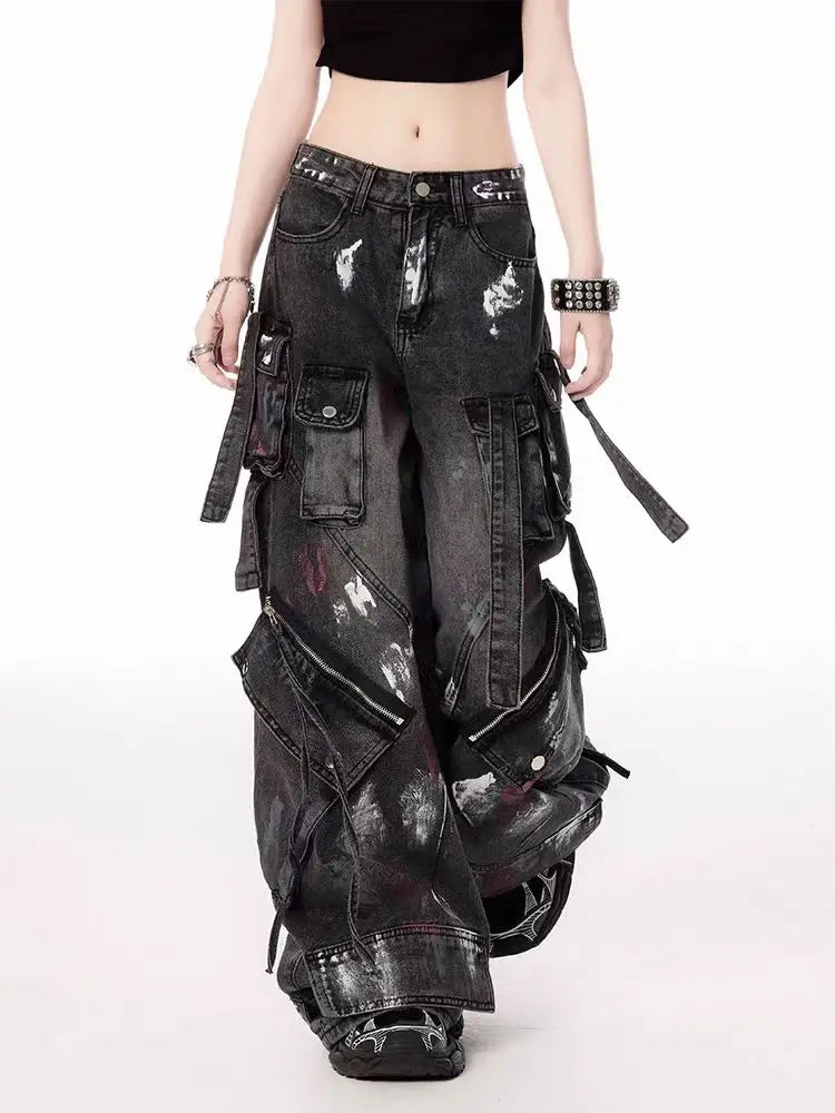 Y2K Harajuku Gothic Multi-Pocket Washed Black Jeans Men And Women American 2000s Heavy Industry Oversize Hip Hop Wide Leg Pants