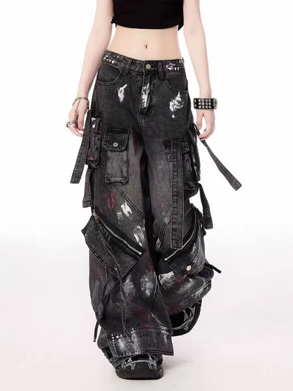 Y2K Harajuku Gothic Multi-Pocket Washed Black Jeans Men And Women American 2000s Heavy Industry Oversize Hip Hop Wide Leg Pants