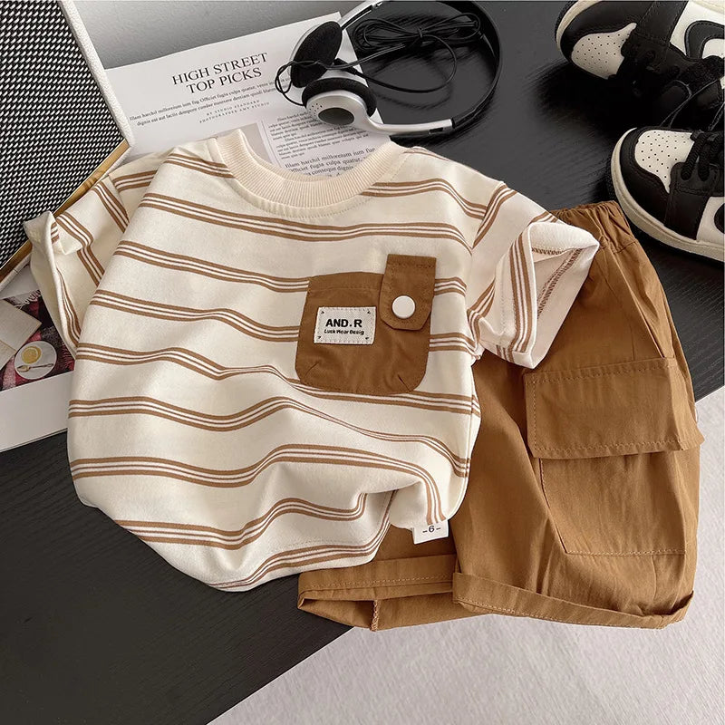 Children Summer Fashion Baby Boy Clothes Suits Striped Pocket TShirt Shorts 2pcs/Set Toddler Casual Costume Kids Tracksuits