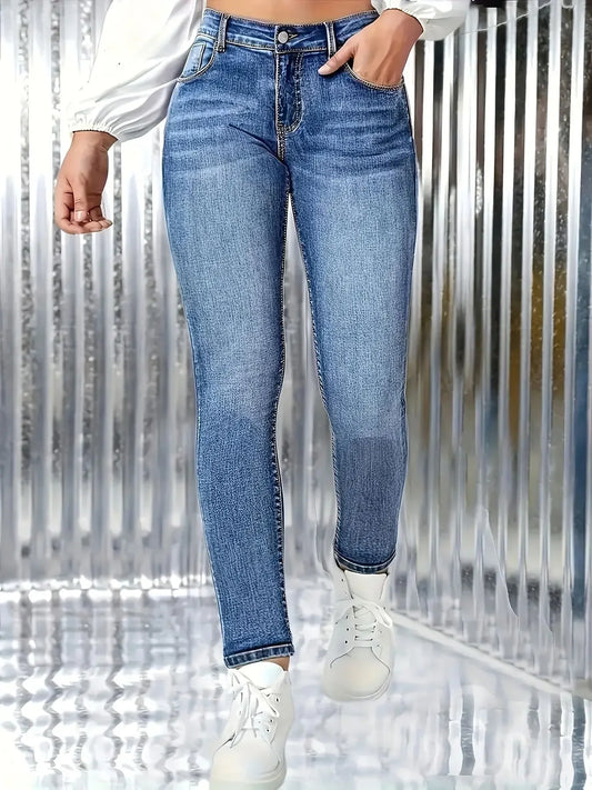 Y2K High Waist Blue Skinny Jeans for Women Elastic Retro Style Denim Pants Simple Classic Design