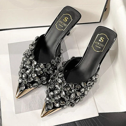 Luxury Rhinestones Pointed Toe Mules Pumps Women Slippers Summer New Fashion Slides Designer High Heeled Sandals Female Tacones