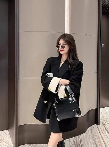 Unique Niche Black Double Breasted Women Blazer New Spring Autumn Office Commuter Mid Length Premium Light Luxury Suit Jacket
