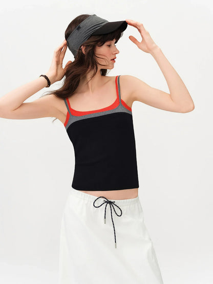 2026 Summer Women Color Block Contrast Trim Cami Top, Navy Slim Fit Cropped Vest for Y2K Daily Layering Style Chic Hot Girl