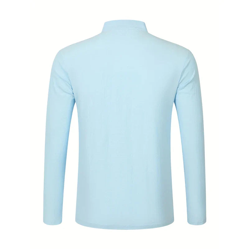 Men Mandarin Collar Long Sleeve Henley Cotton Linen Shirt Chest Pocket Breathable Beach Travel Daily Casual V Neck Top