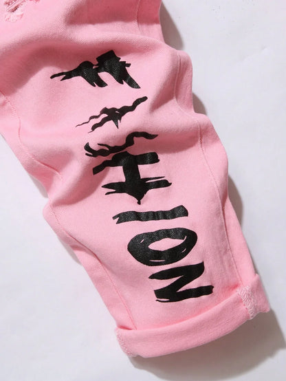 Men's Stretchy Ripped Denim Jeans Slim Fit Straight Trousers Elastic Waist Patchwork Holes Tearing Streetwear Casual Pants
