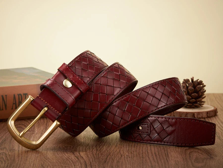 3.8cm Copper Buckle Designer Cowskin Real Genuine Leather Belts For Men Luxury Woven Cowboy Braided Male Strap for Jeans