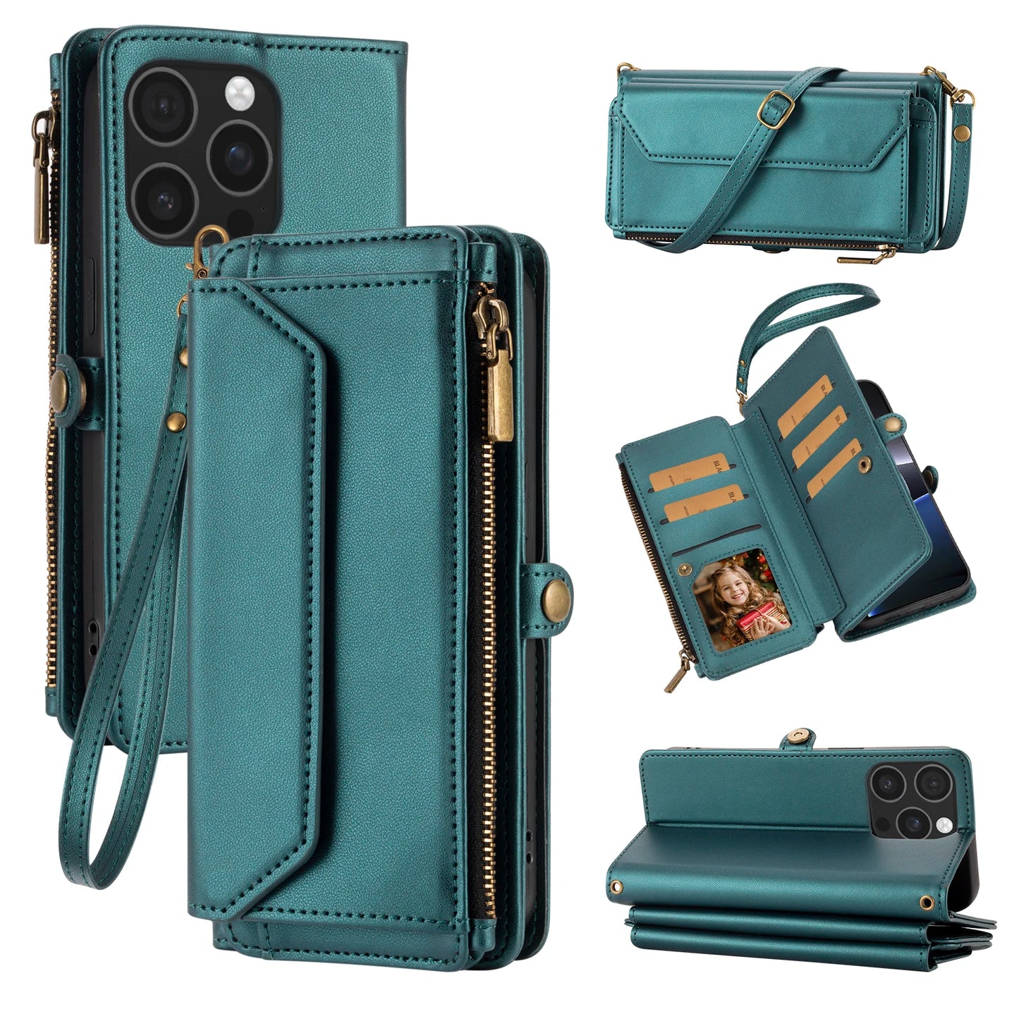 Multi-Card Slot Wallet-Style Phone Case (Long Strap + Short Strap) for iPhone 17/16/15/14/13/12/11 Pro Max Protective Set with Coin Pocket, Crossbody Strap, Anti-Drop Faux Leather Case