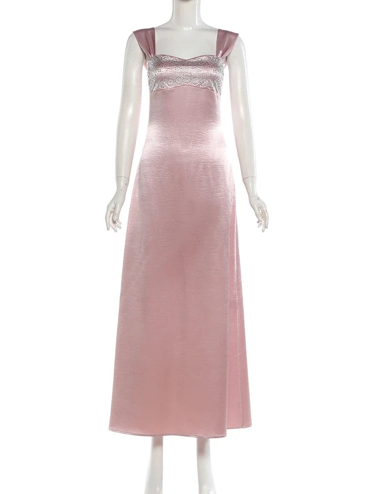 Elegant Strap Dress Women Low-Neck Patchwork Classic Evening Sexy Stain Valentine's Day Dating Slim Coquette Long Bodycon