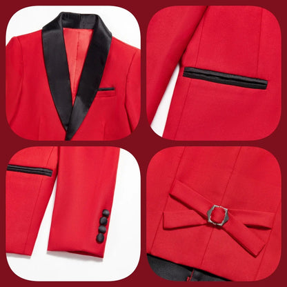 Vibrant Contrast Lapel Boy's Suit Bold Red & Black For Boys 4-Piece Suit Sleek Formal Ring Boys Includes Blazer Vest Pants