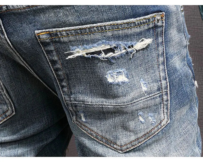 Street Fashion Men Jeans Retro Blue Stretch Slim Fit Hole Ripped Jeans Men Patched Designer Hip Hop Vintage Denim Pants Hombre