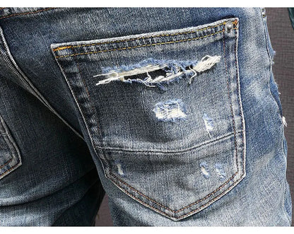Street Fashion Men Jeans Retro Blue Stretch Slim Fit Hole Ripped Jeans Men Patched Designer Hip Hop Vintage Denim Pants Hombre