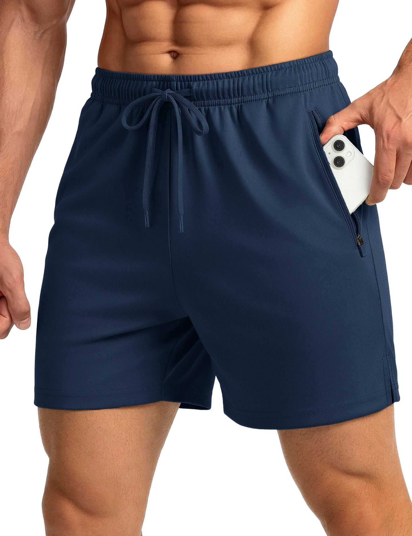 Men's Athletic Running Shorts Mesh Quick Dry Lightweight 5 inches Drawstring Gym Workout Shorts with Zipper Pockets