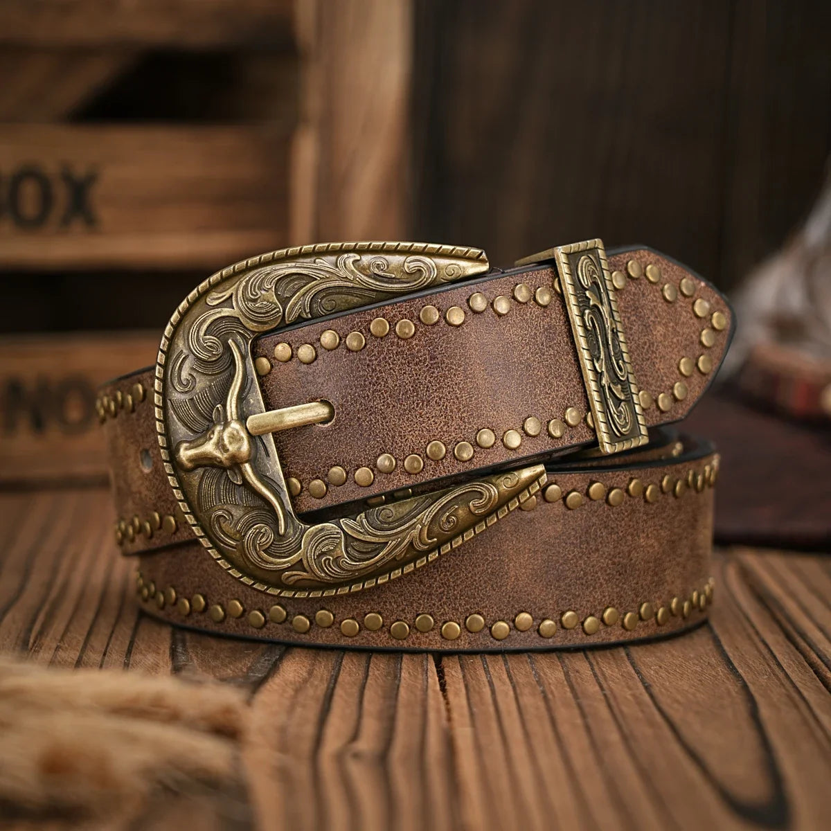Men - Women - Western Denim - PU Leather - Belt - Vintage Jeans with Floral Carved Buckle Belt