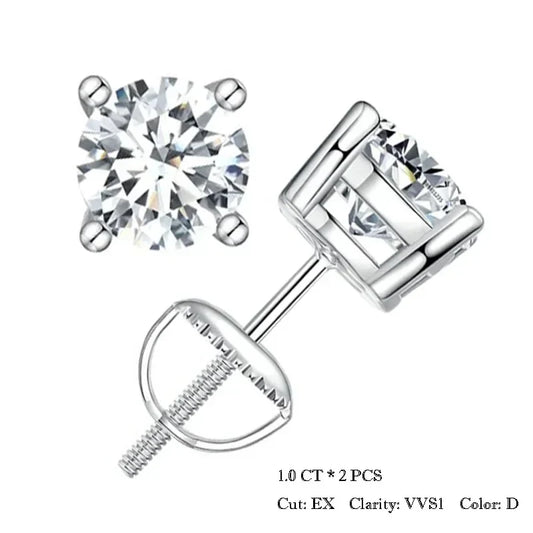 0.5-1ct Moissanite Screw Back Earrings for Women, D Color VVS1 Clarity Lab Created Diamond Earring White Gold Earrings