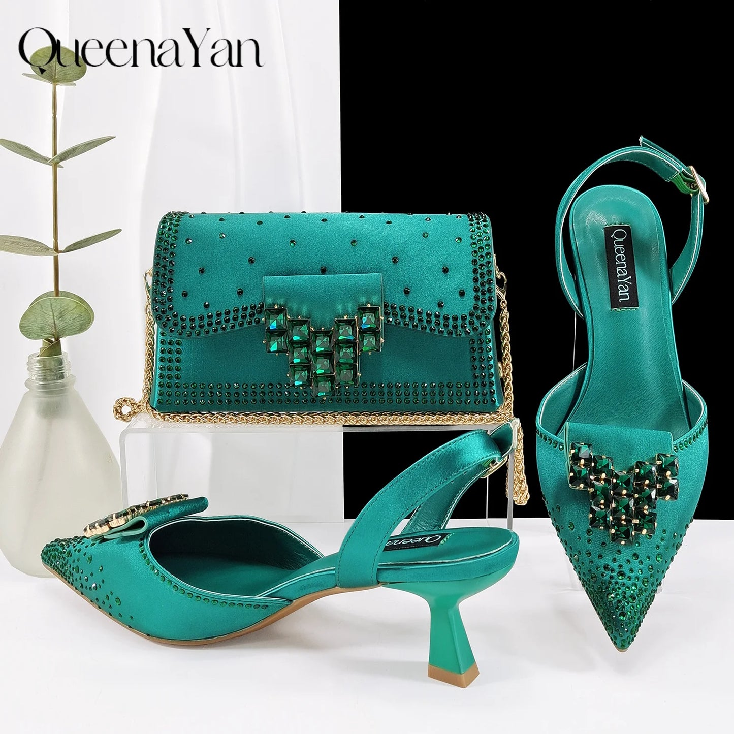 Green Color Rhinestone Comfortable Women's Pumps Heels And Bag Fashion Style Pointed-Toe Shoes For Farty  Occasion