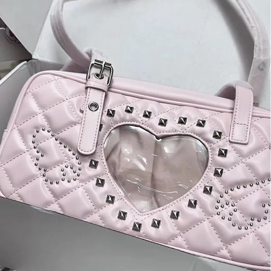 Pink Transparent Pocket Japanese Itabag Rivet Design Lolita Shoulder Bag PU Leather Harajuku Pain Bags Y2k Sweet Handbags Girls