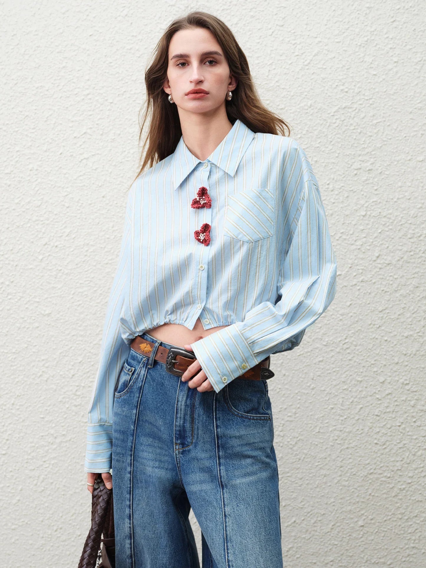 2026 Spring New Arrival Design Driven Stripe Short Sleeve Women's Long Sleeve Top 100% Cotton 3D Flower Buttons Blouses