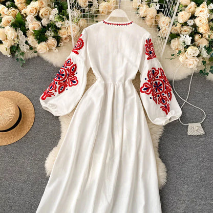 n Sle Embroidered Flower Long Sve Loose Fit Lantern Sve Gathered Slimming A-Line Dr Women's round Ne Dr