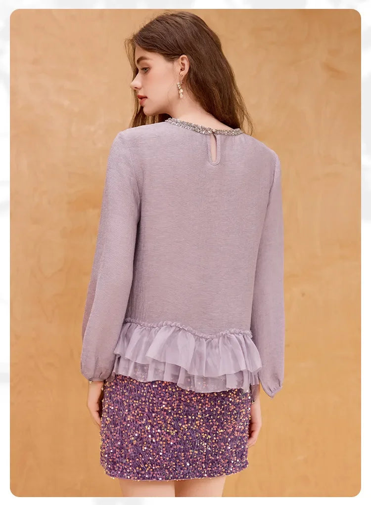 Lace Women's Blouses 2025 Autumn New Sweet Long Sleeve Shirt Top Round Neck Pullover Patchwork Pleated Elegant Shirt