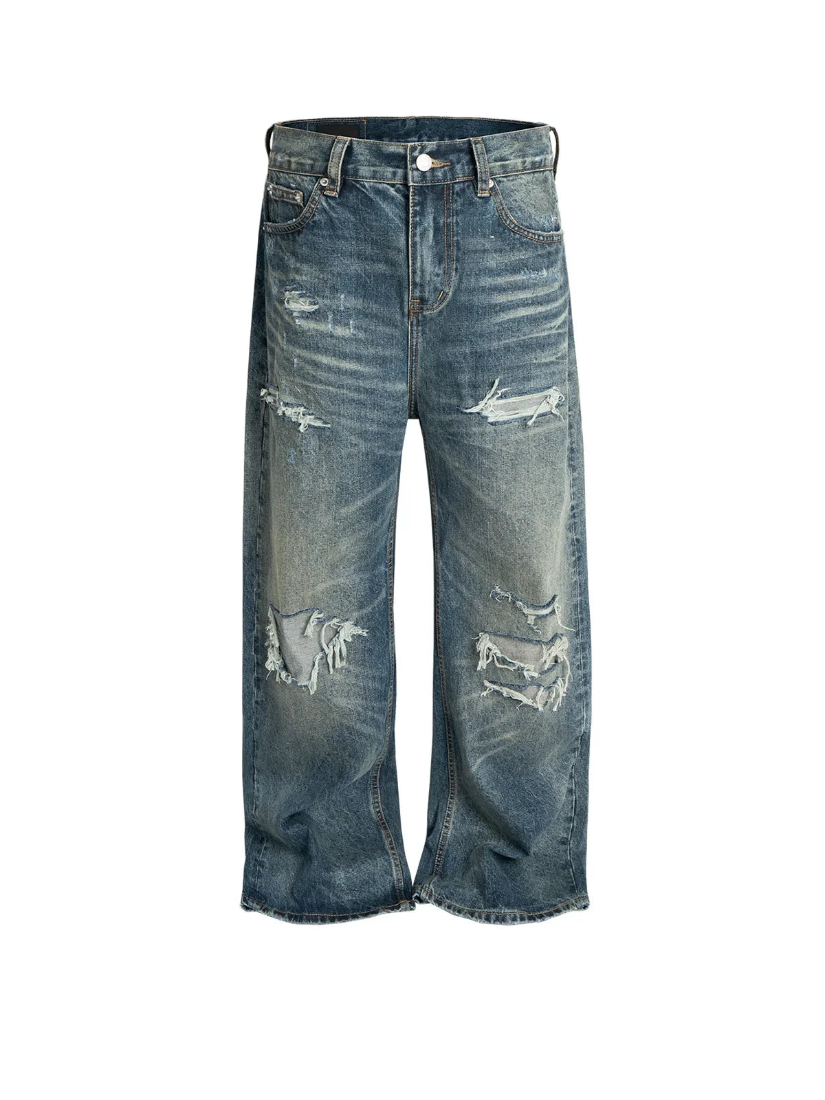 Unisex Retro Washed Aged Ripped Straight Leg Blue Jeans Torn Hole Z029#