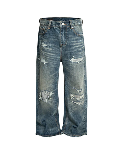 Unisex Retro Washed Aged Ripped Straight Leg Blue Jeans Torn Hole Z029#