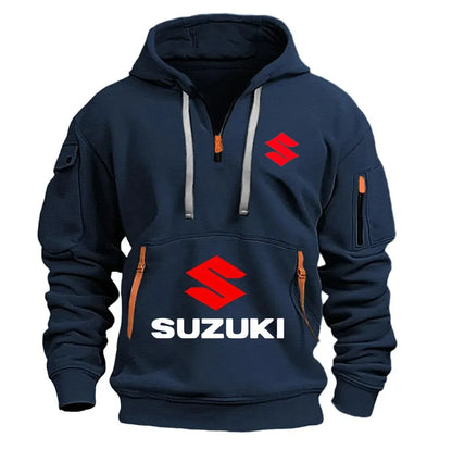 2026 Nueva sudadera con capucha Suzuki estilo motocicleta con diseño de media cremallera y logotipo rojo, top informal estilo