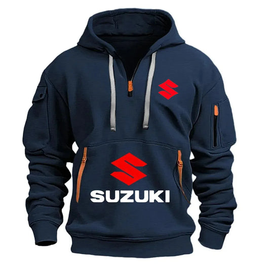 2026 Nueva sudadera con capucha Suzuki estilo motocicleta con diseño de media cremallera y logotipo rojo, top informal estilo