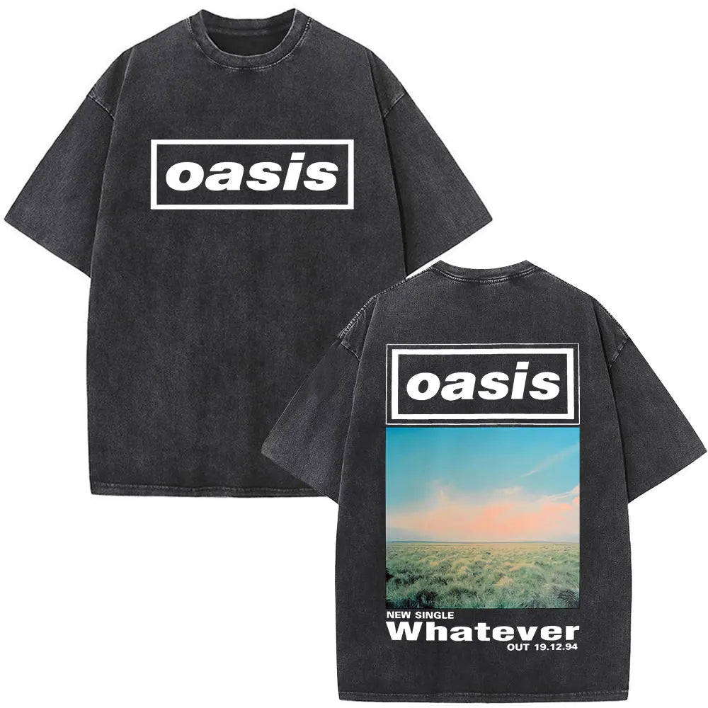 O-Oasis T-Shirts British Rock Band Vintage Washed T-shirt Men Women Clothing Cotton Casual Short Sleeve T Shirts Tops Streetwear