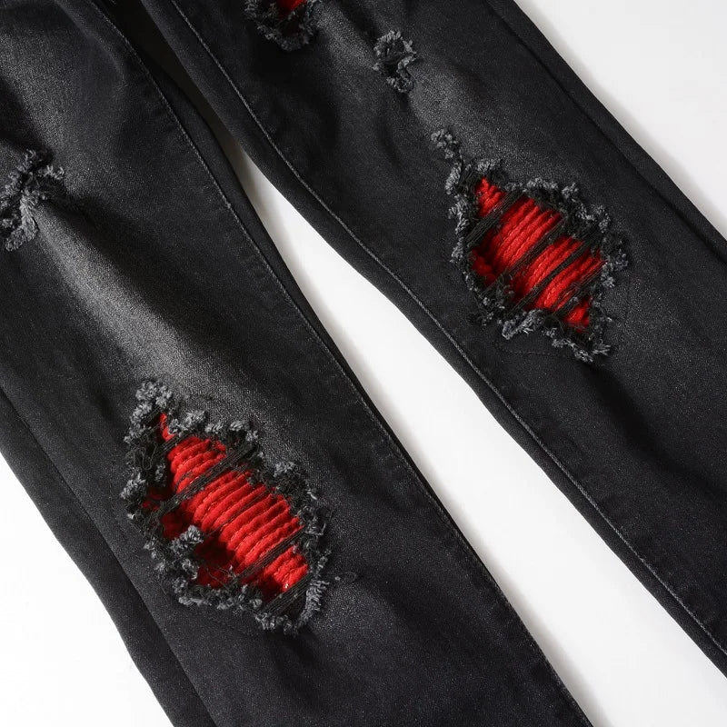 Men's Cracked Red Pleated Patch Biker Jeans Streetwear Patchwork Stretch Denim Pants Skinny Tapered Black Trousers