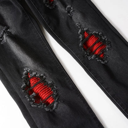 Men's Cracked Red Pleated Patch Biker Jeans Streetwear Patchwork Stretch Denim Pants Skinny Tapered Black Trousers
