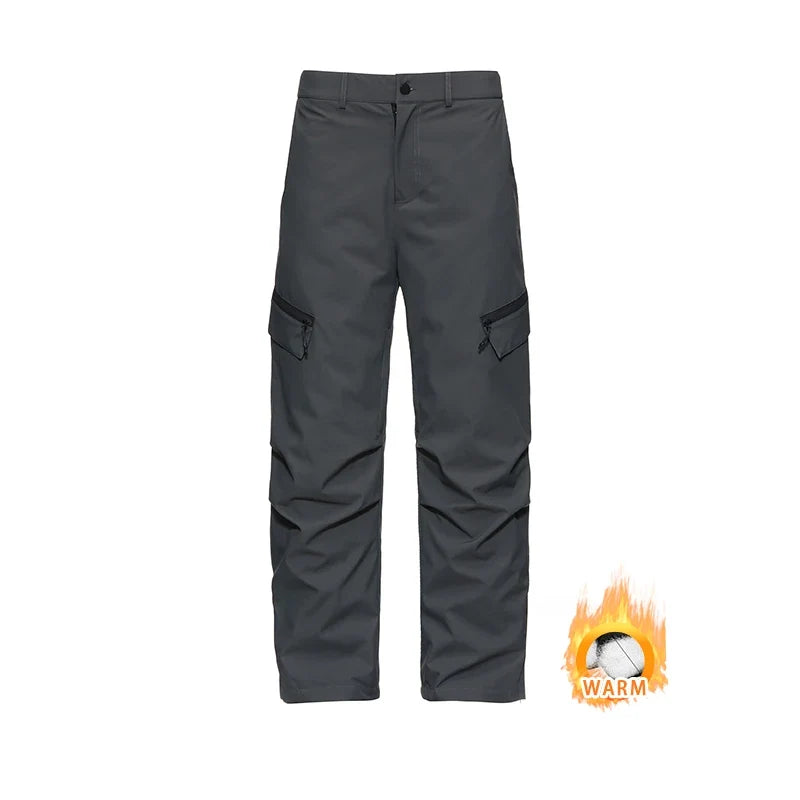Autumn Winter Men's Three-proof Pants 90 Velvet Warm Fabrics Wear-resistant Large Pockets Elastic Waist Outdoor Sports Pants