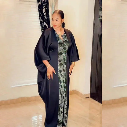 Fashion African Woman Large Size Bat Sleeve Dress Muslim Islamic Style Robe Imitation Silk Hot Fix Rhinestone