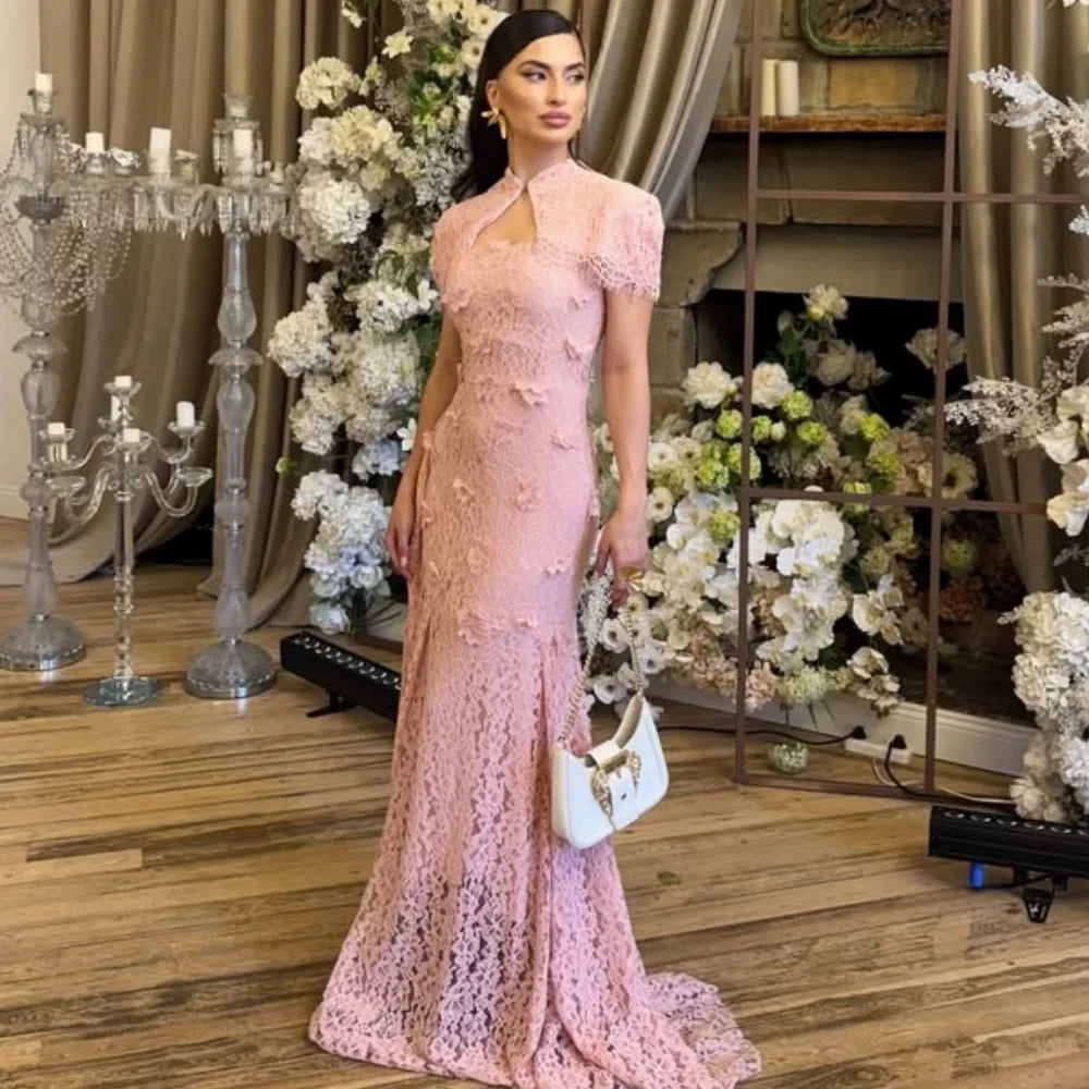 Customized Modern Style Formal Lace Handmade Flower Pleat Mermaid High Collar Long Dresses Bespoke Occasion Dresses High Quality
