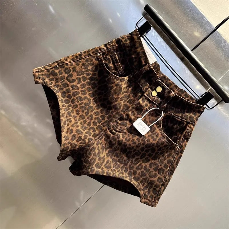 2025 Leopard Print High Waist Denim Shorts Women's New Irregular Fashion Wide-leg Pants Booty Shorts Jeans Mini Shorts Summer