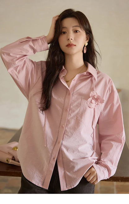 100% Cotton Shirt For Women Autumn 2025 New Fashion Petal Ribbon Button Long Sleeves Shirt Women's Clothing MXE41C2349