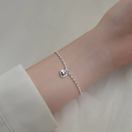 Bracelet en argent sterling 925 de haute qualité avec cœur pour femmes, chaîne à maillons ovale géométrique réglable, bijoux raffinés