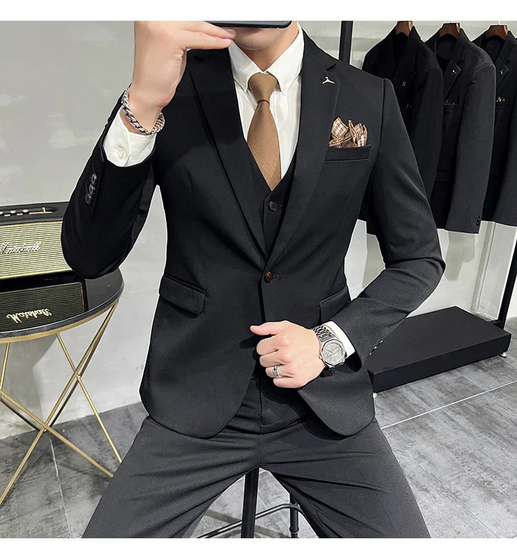 S-7XL Jacket Vest Pants Luxury Elasticity Boutique Fashion Men's Solid Color Casual Business Suit 3-piece Sets Groom Wedding