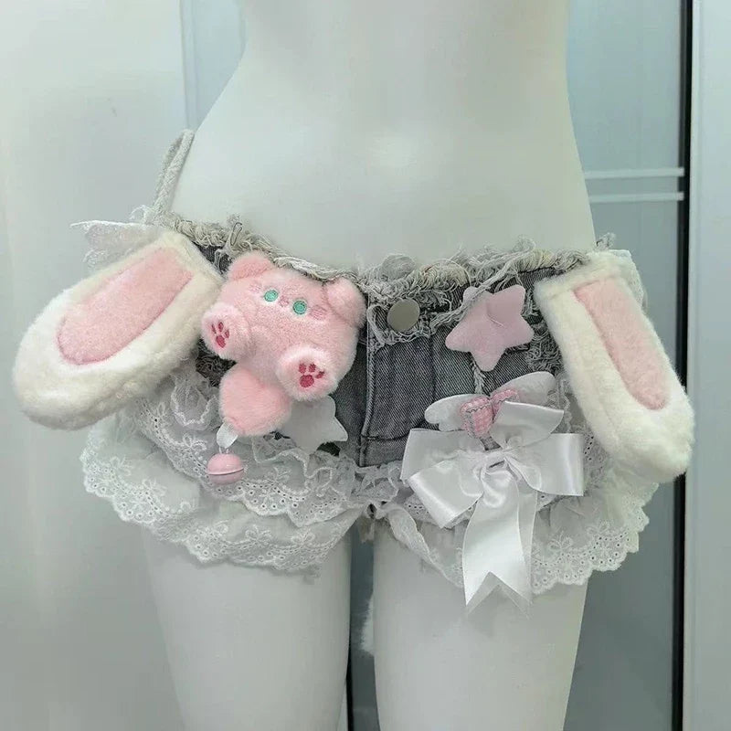 Y2K Sexy Lace Up Denim Shorts Women Summer Streetwear Cute Doll Splicing Hot Girl Shorts Fashion Low Waist Lace Patchwork Jeans
