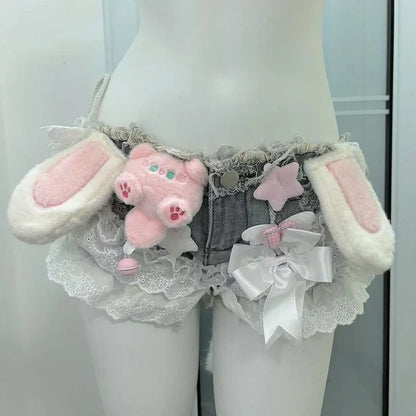 Y2K Sexy Lace Up Denim Shorts Women Summer Streetwear Cute Doll Splicing Hot Girl Shorts Fashion Low Waist Lace Patchwork Jeans