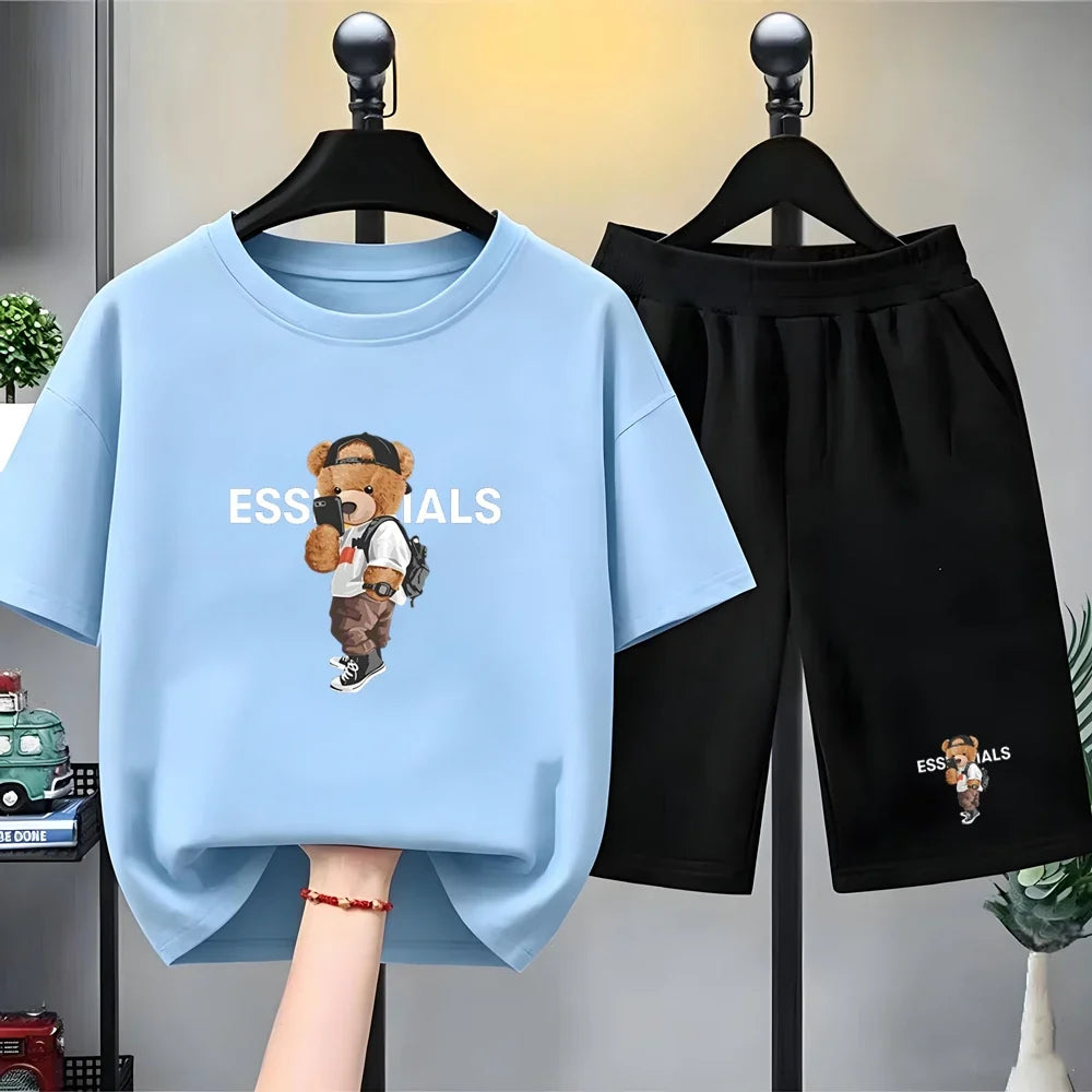 Kids Brand Little Bear Round Neck T-shirt+Shorts Set Clothing Fashion Boy Girl 3-12Yrs Sports Short-Sleeved Casual Set Summer