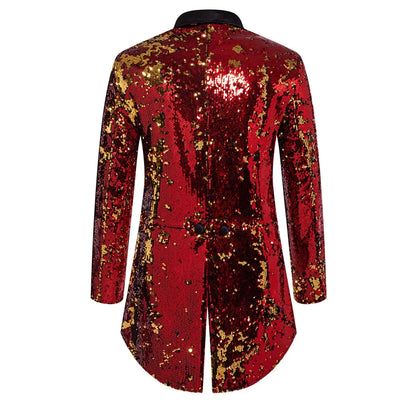 2026 Men's Blue Metallic Shiny Sequins Tuxedo, Performance,Party Dress Coat, Fashion Long Cardigan Suit Jacket,Red, Gold Blazers